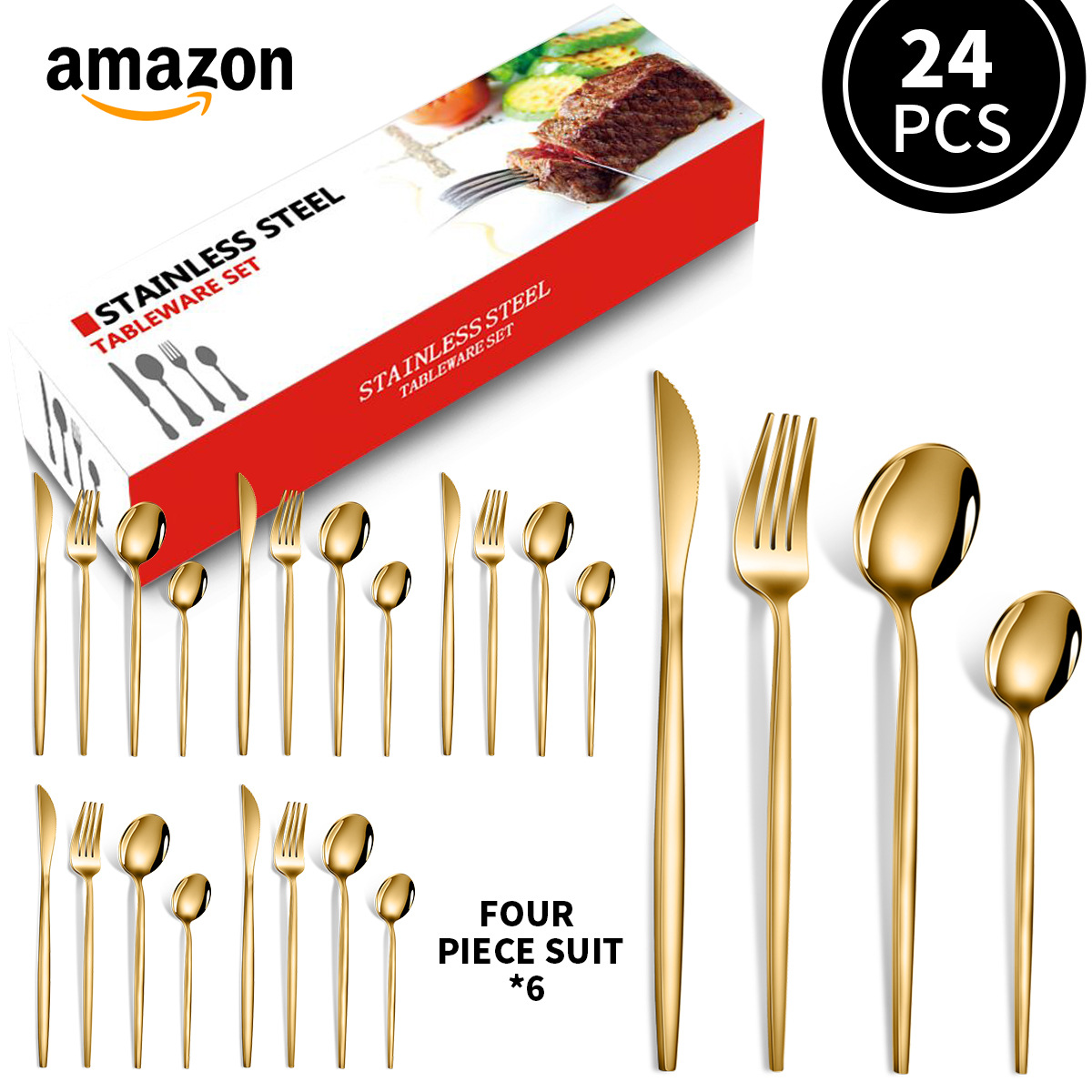 Cross-border Amazon Portuguese stainless steel western cutlery titanium-plated gold gift box steak knife, fork and spoon 24-piece set