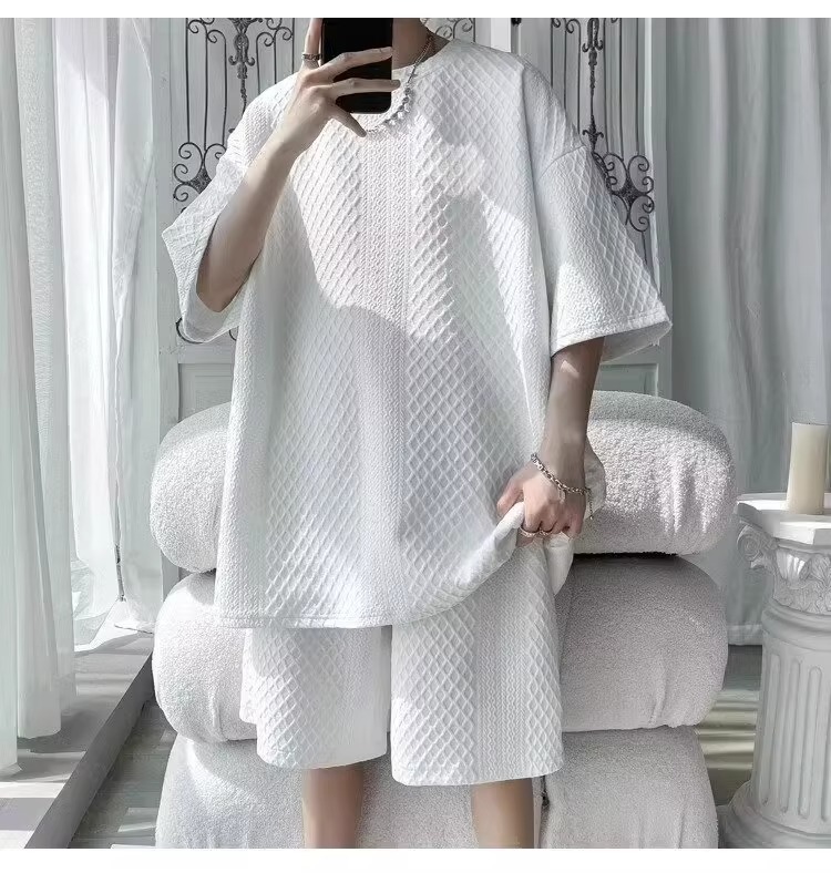 Men's Athletic Waffle Knit Short Sleeve T-Shirt And Shorts 2-Piece Set, Summer Casual Sports Outfit For Teens And Young Adults_viptrois.com