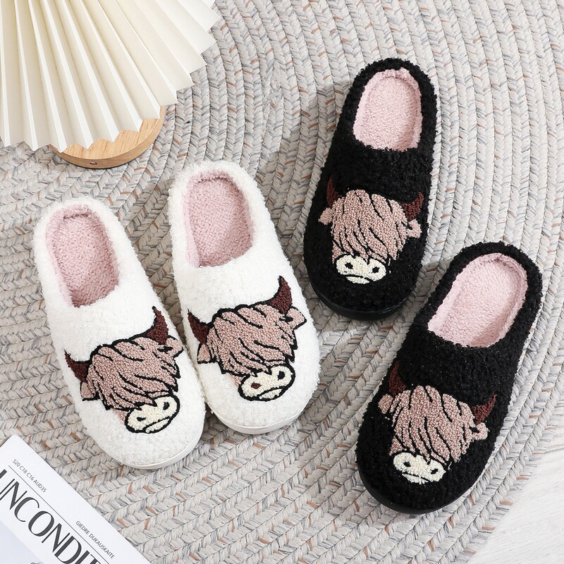 Cross-border holiday gift popular animal printed cotton slippers men's and women's home winter wool slippers Highland cow Highland