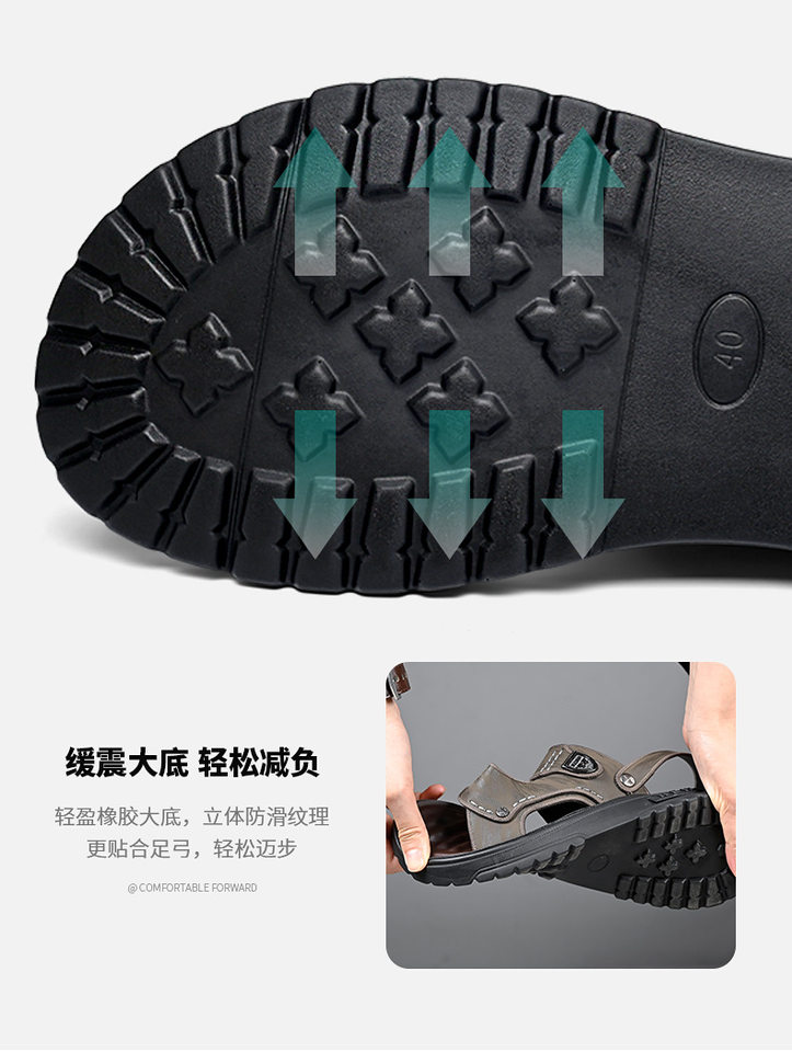 Dép sandal nam quai ngang hở ngón đế dày lót cao su mềm, đi ngoài trời và đi biển — QS991 màu kaki, QS991 màu đen chi tiết 11