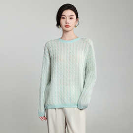 复古麻花桑蚕丝山羊绒衫女圆领宽松慵懒风加厚洋气针织衫打底毛衣