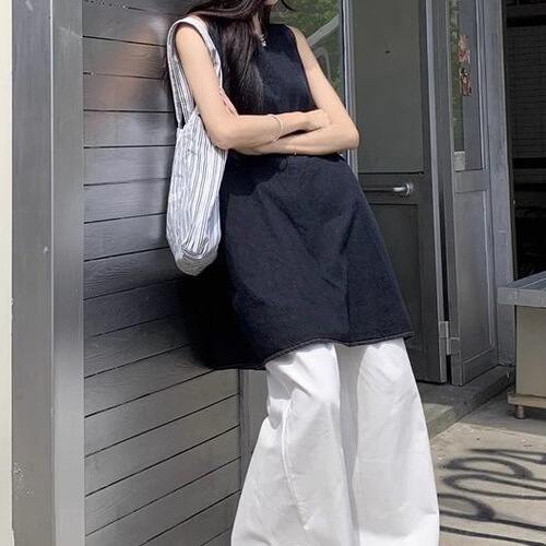 Casual Lazy Style Set Sleeveless Round Neck Loose Dress Women's Summer High Waist Straight Leg Pants Wide Leg Pants Two-Piece Set 