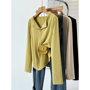 2024 Autumn New chubby girl All-match Slim-fit Thickened Warm Cushion Shoulder Base T-shirt Top