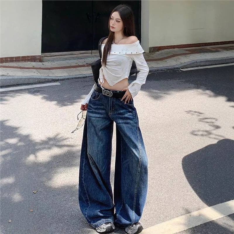 Petite Women's Dark Blue Scimitar Jeans 2025 New American High Street Style Loose Wide-Leg Slimming Pants