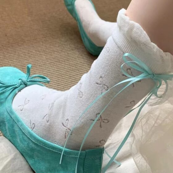 Summer Fairy Series Three-color Bow Hollow Heel Ribbon Design Ins Bubble Lace Mid-tube Socks Girl