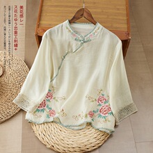 夏季国风棉麻新款复古中式刺绣钩花斜襟民族衬衫文艺盘扣茶服上衣