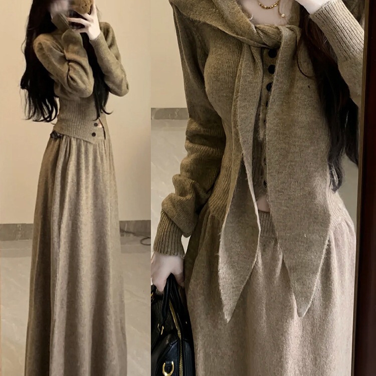 新款小香风针织开衫毛衣女装早秋气质叠穿围巾高腰半身裙三件套感|undefined