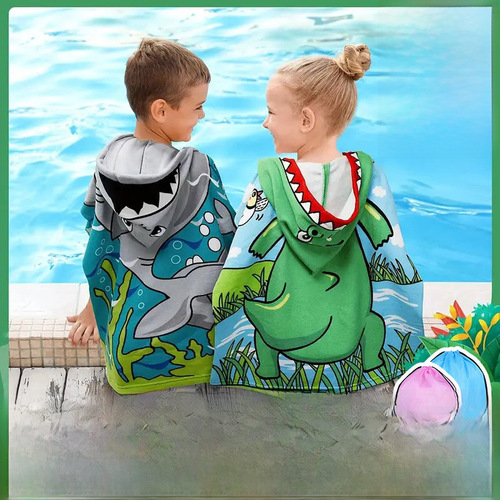 Longli Cross-border Children's Hooded Towel Robe Quick-drying Absorbent Beach Towel with Cartoon Swimming Print