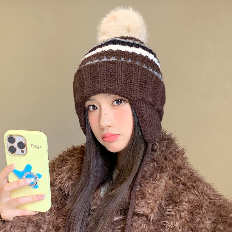 韩版百搭针织毛线帽子女秋冬加厚防风护耳帽绑带可爱毛球保暖帽新|undefined