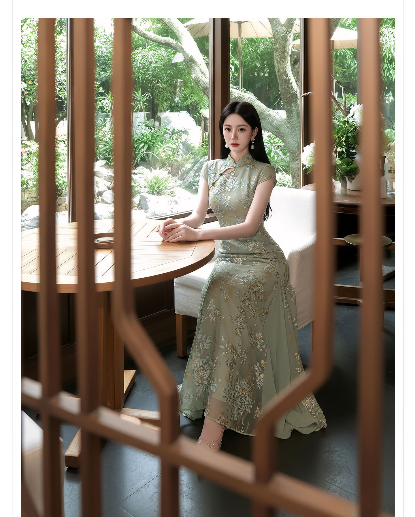 Đầm maxi nữ cổ đứng ren hoa thêu tay dài — Xanh lá cây nhạtcolor chi tiết 6