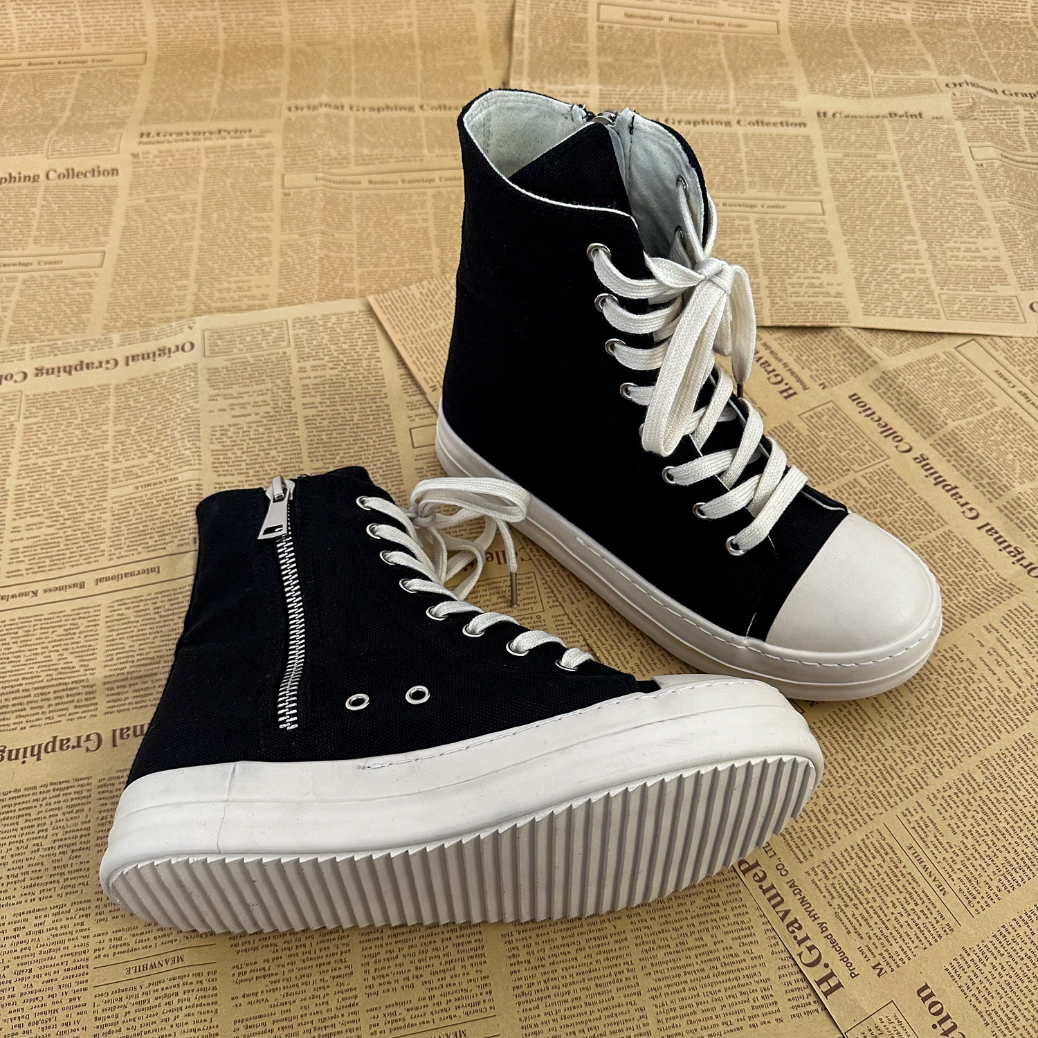 X190 Street Trendy Couple Vibe Black Canvas High-Top Casual Sneakers Thick-Soled National Trendy Cool Street Sneakers