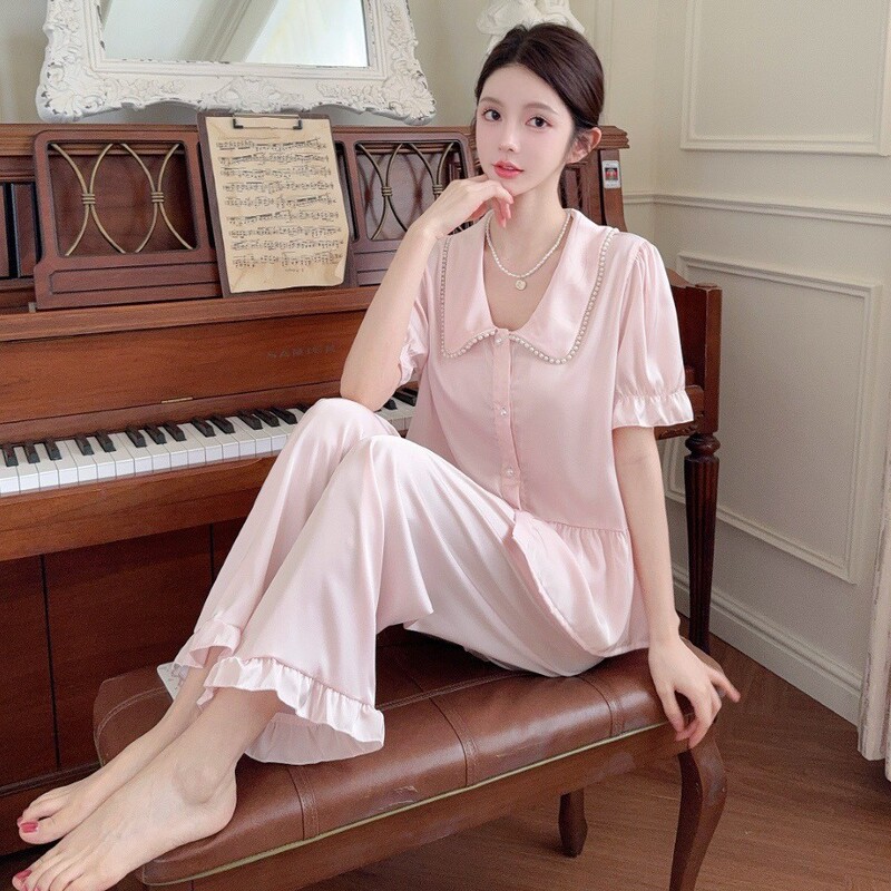 25 New Pajamas with Ruffles for Women, Summer Ice Silk Short-Sleeved Pants Suits, Live Broadcast Private Room Girls Home Clothes