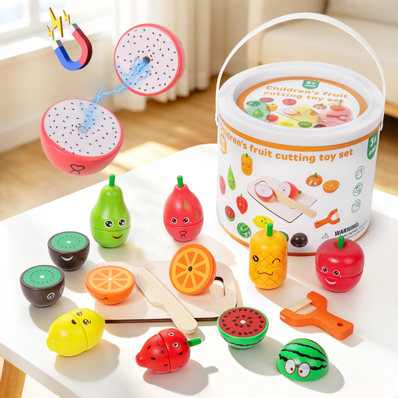 Wooden magnetic family realistic toy for cutting