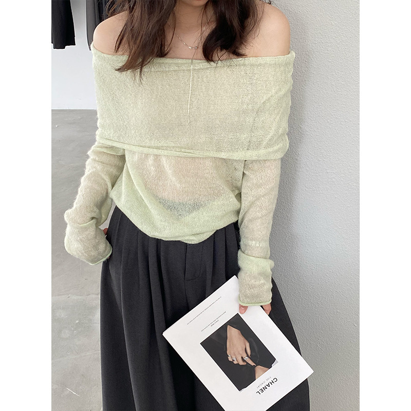 Jiangzuo 10% Wool Sexy One-Shoulder Purple Knit 26 Spring New Style Lazy Style Slimming Off-Shoulder Long Sleeve F632