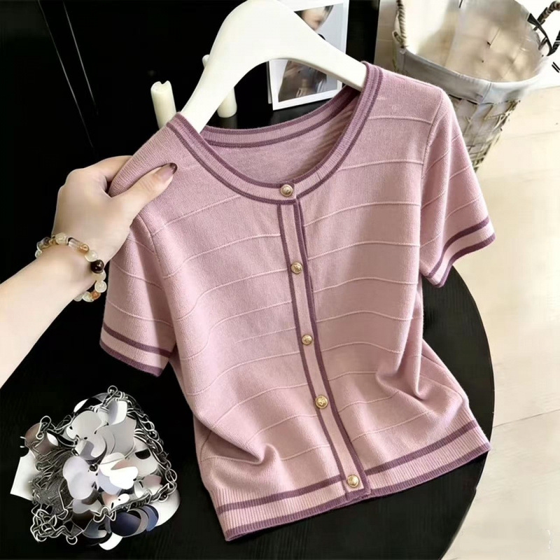 Women's Clothing Summer French Style Women's Knit T-Shirt Round Neck Ice Silk Real Photos_ecoleips.com