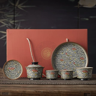 祥云莲纹茶具套组中式复古一碗三杯带干泡盘家用功夫茶具伴手礼品