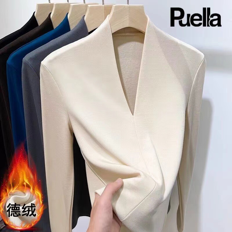 Cross-border thread velvet V-neck long sleeve T-shirt new fleece-lined thickened slim western style fashion warm base shirt top