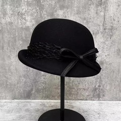 名媛千金風黒色レースウール帽子蝶結びベレー帽女性秋冬ファッション優雅洋風礼帽