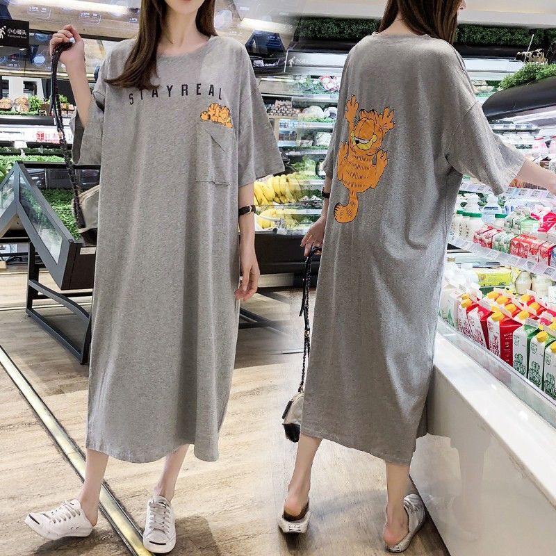 chubby girl short sleeve cartoon T-shirt skirt children Korean version of 200kg plus size loose long knee-length pregnant women's nightgown dress