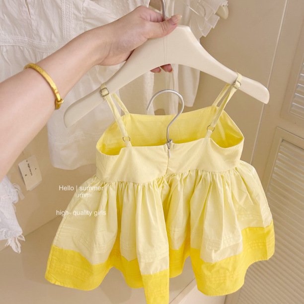 [Xianning Seven] Vestido amarillo limón de moda de verano para niñas, falda de tirantes de estilo occidental para bebés, falda dulce coreana, marea