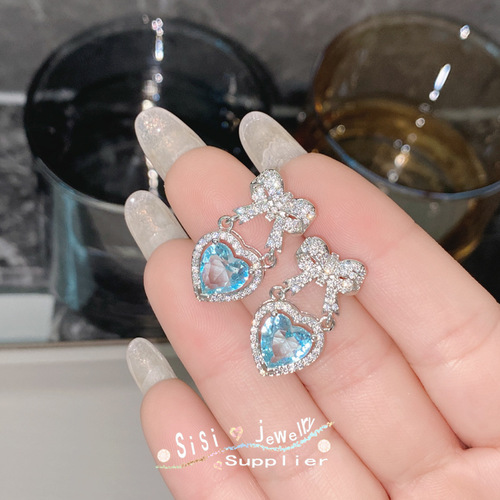 SIsi heavy industry light luxury bow love earrings gold-plated micro-inlaid imitation aquamarine niche super fairy temperament earrings