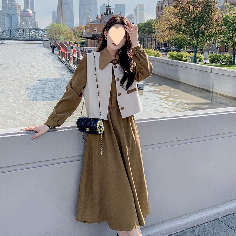 今年流行连衣裙套装女春秋2025年新款外穿长袖裙子轻熟马甲两件套|undefined