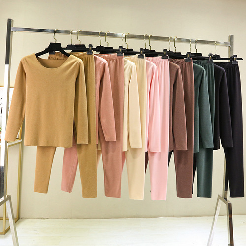 Winter Thicken Constant Temperature Slim Fit Solid Color Autumn Trousers Set Two-Piece Double-Faced Fleece Round Neck Warm Innerwear Set