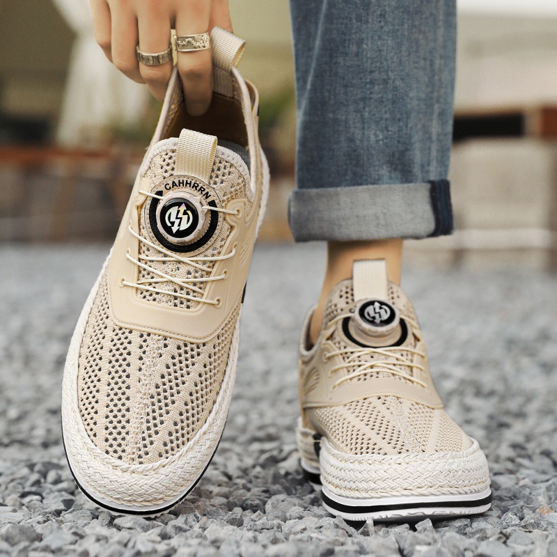 Zapatos de hombre con botón giratorio tejido de paja, zapatillas de deporte huecas de red grande, estudiantes, verano 2025, nuevo estilo, zapatos perezosos transpirables, hombres