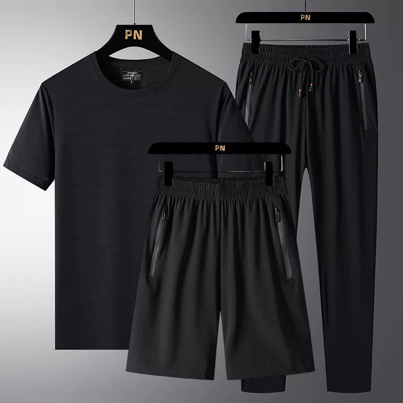 Summer silk thin sports suit for leisure, elastic breathable sports set, plus size, 3 piece set