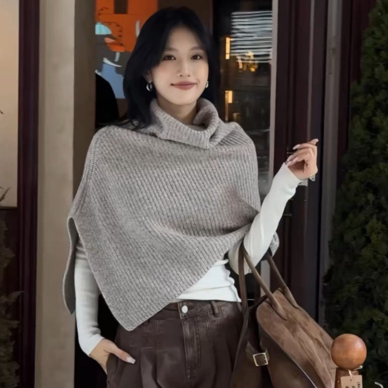 Designed Asymmetrical High-Neck Cape Pullover Sweater for Women in Autumn and Winter, High-End and Super Nice-Looking Loose Knitted Top