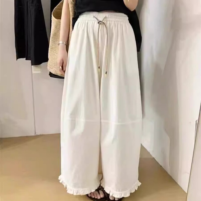 韩系松紧腰抽绳木耳花边休闲裤女2025秋季新款显瘦百搭阔腿直筒裤|undefined