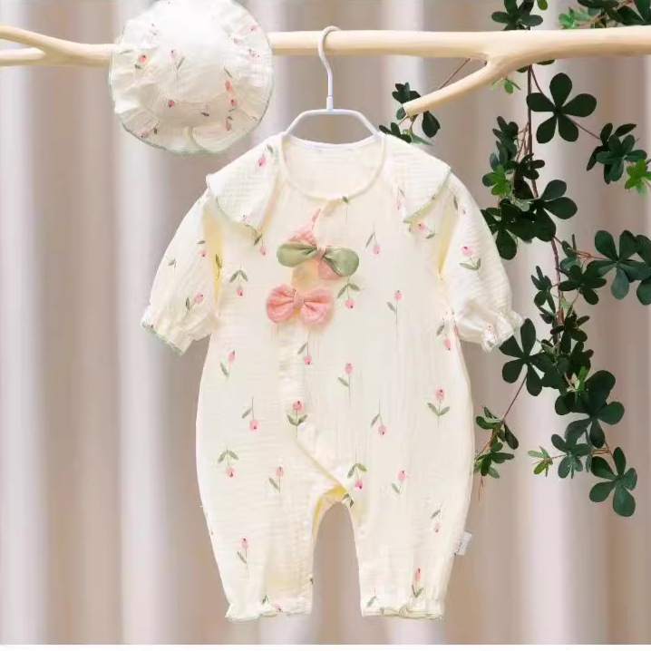 Estilo princesa infantil primavera y otoño pastoral floral con capucha mono de manga larga bebé super lindo mameluco ropa exterior