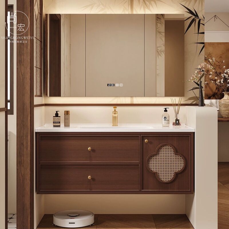 Song-Style Aesthetic French Bathroom Cabinet Combination, Mid-Century Oak Bathroom Sink with Integrated Ceramic Basin