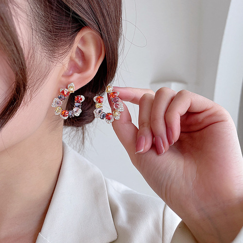 Korean new earrings candy color C-shaped earrings for women simple and sweet temperament S925 silver needle colorful zirconium garland earrings