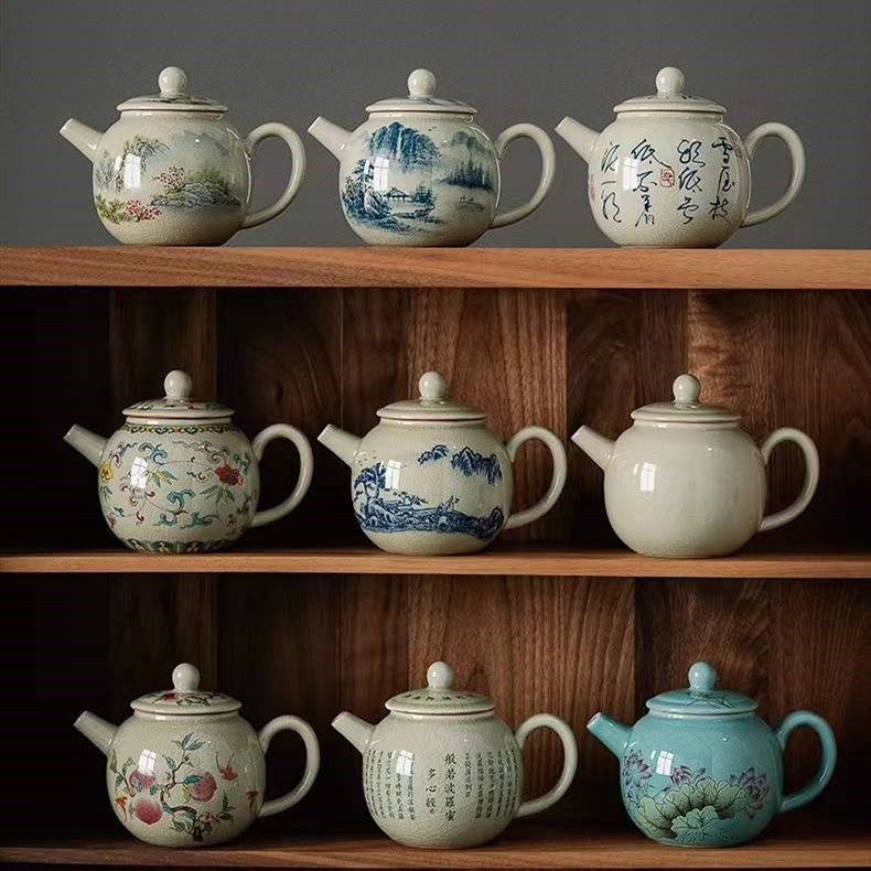 Vintage Old Pottery Clay Teapot for Tea Brewing Household Ceramic Kung Fu Tea Set Handmade Ru Kiln Glaze Small Filter Flower Tea Single Pot