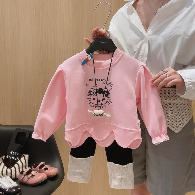 新款2025宝宝可爱套装 曲边卫衣裙两件套 儿童女童撞色打底裤套装|undefined