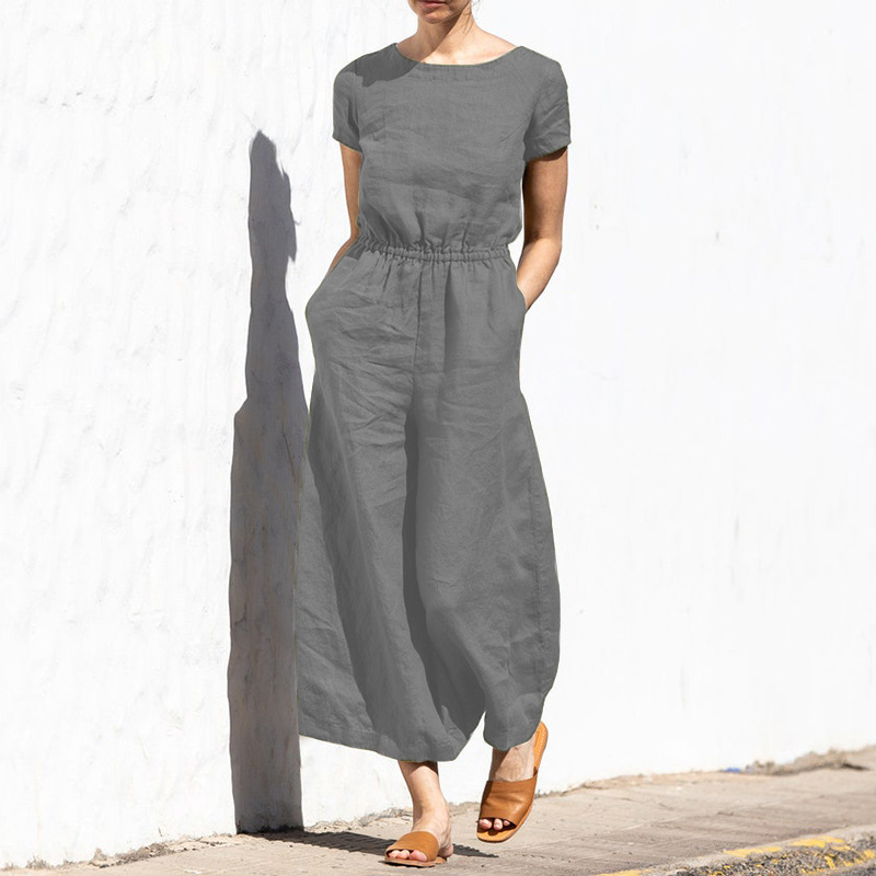 Cotton And Linen Jumpsuit Women Solid Color Sleeveless Pocket High Waist Wide Legs Jumpsuits Casual Commuting Ladies Bodysuits_voghion.com