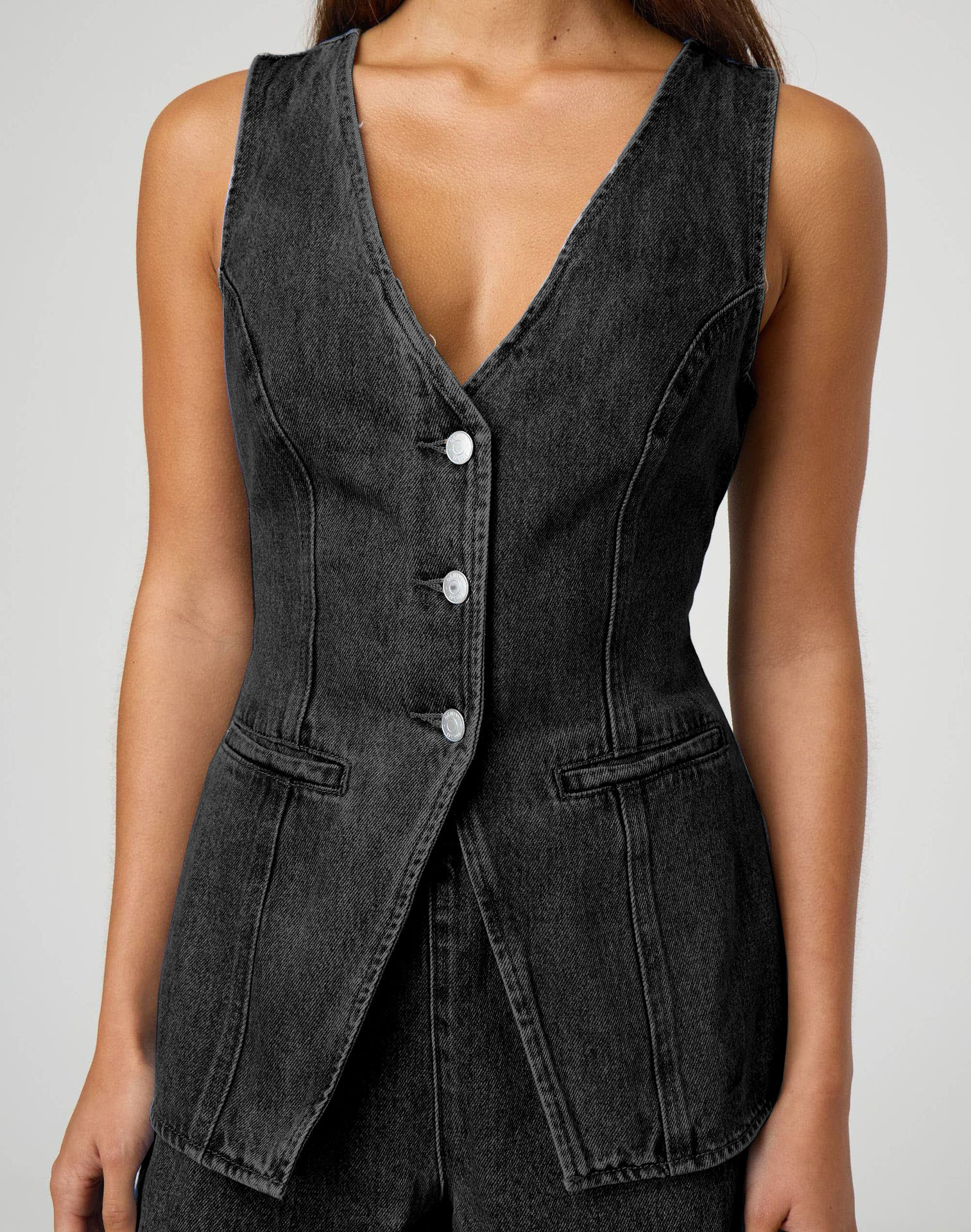 K New Fashionable Sleeveless Waist Cinched High Waisted Loose Denim Shorts Set For Women_ecoleips.com