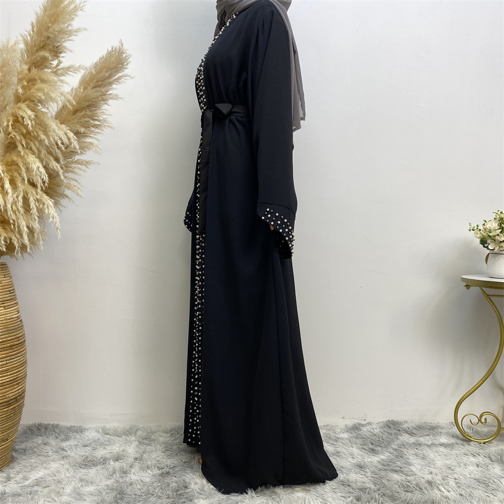 Arab Turkish Middle Eastern Fashion Elegant Solid Color Beaded Muslim Tie-Up Cardigan Robe 1838_ecoleips.com