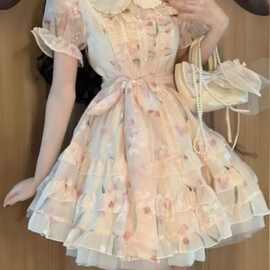 娃娃领碎花连衣裙女夏初中高中学生学院风少女收腰洛丽塔公主裙子