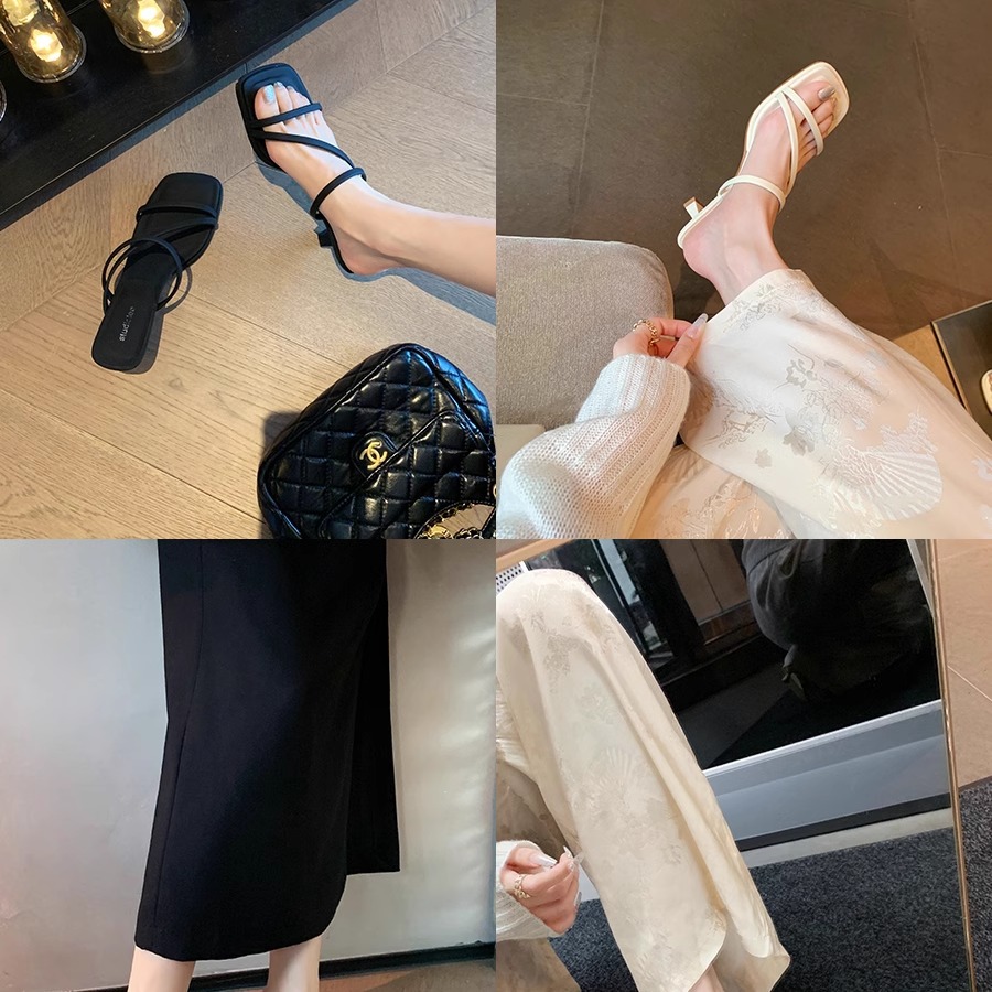 Versión de piel de oveja ~ Grape Madre con el estilo francés delgado cinturón de hadas cabeza cuadrada delgada zapatillas de tacón alto zapatillas de verano para mujeres