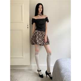 现货一字肩泡泡袖花苞裙玫瑰褶皱灰色连衣裙