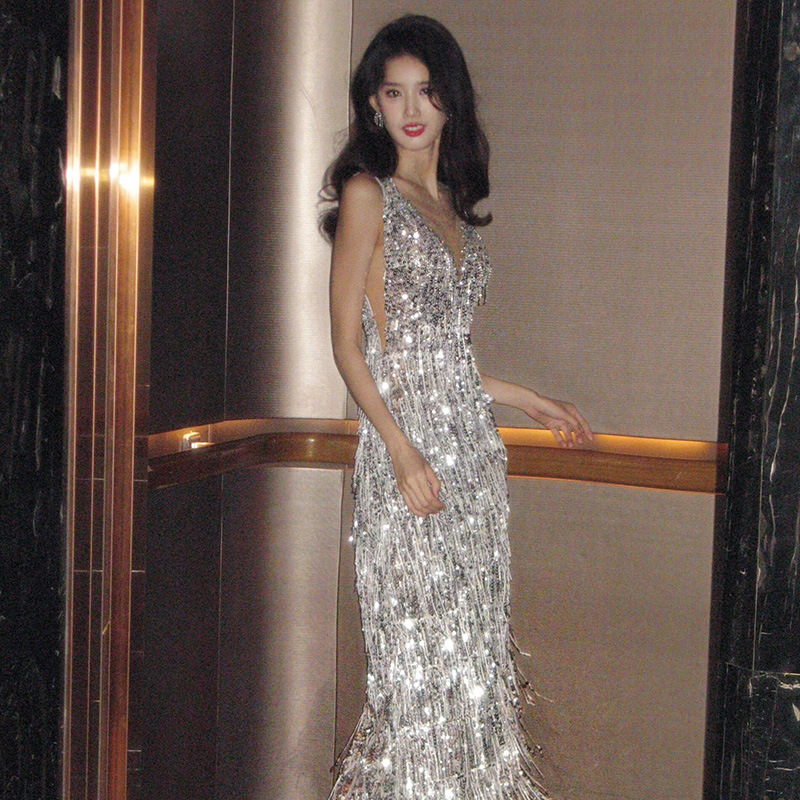 Silver Tassel Sequin Bridal Toast Dress 2026 New Style Elegant Banquet High-End V-Neck Fishtail Evening Dress for Women
