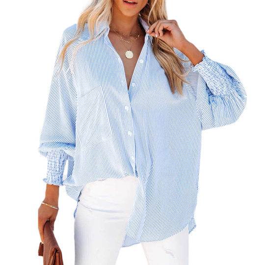 Shiying European and American Women's New Spring and Autumn Top Striped Collar Loose Bubble Long Sleeve Shirt for Women