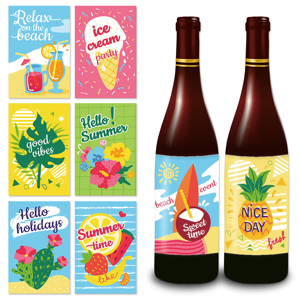 Fabricante directo de etiquetas de decoración de fiesta de verano tropical de verano botella de vino etiqueta de decoración de fiesta