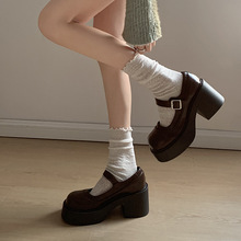 棕色复古法式增高厚底小皮鞋女2024新款夏季粗跟浅口单鞋子