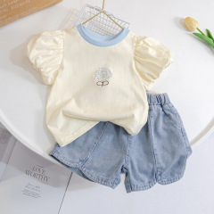 子供服の女の子の韓国版セットの夏の新型シンプルなデニムの半ズボンの子供の洋風の2つのセットのファッション