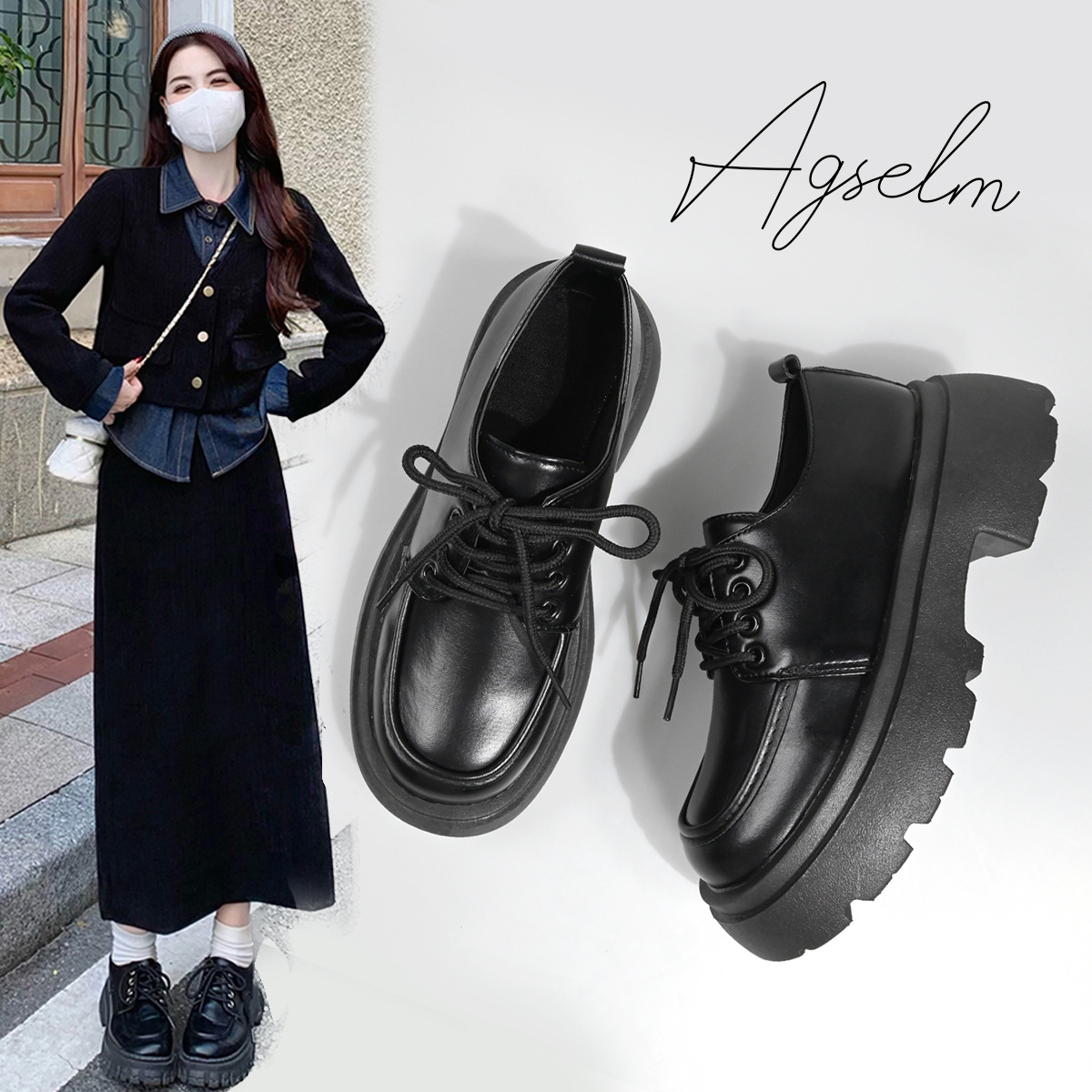 厚底小皮鞋女士春秋季2024新款高跟英伦风黑色百搭系带乐福鞋