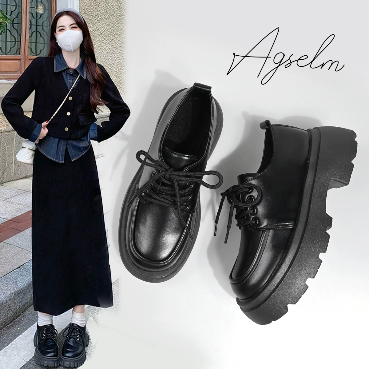 Женские кожаные туфли на толстой подошве, новинка весны и осени 2024, черные универсальные лоферы на высоком каблуке в британском стиле со шнуровкой