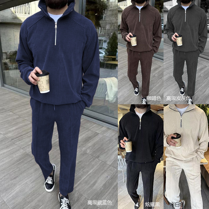 Cross-border stand collar half-zipper fashion corduroy suit Amazon TK European and American casual men's new sweater suit